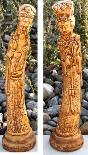 Stone Outdoor Statues- Asian Slender Man & Woman Garden Pair